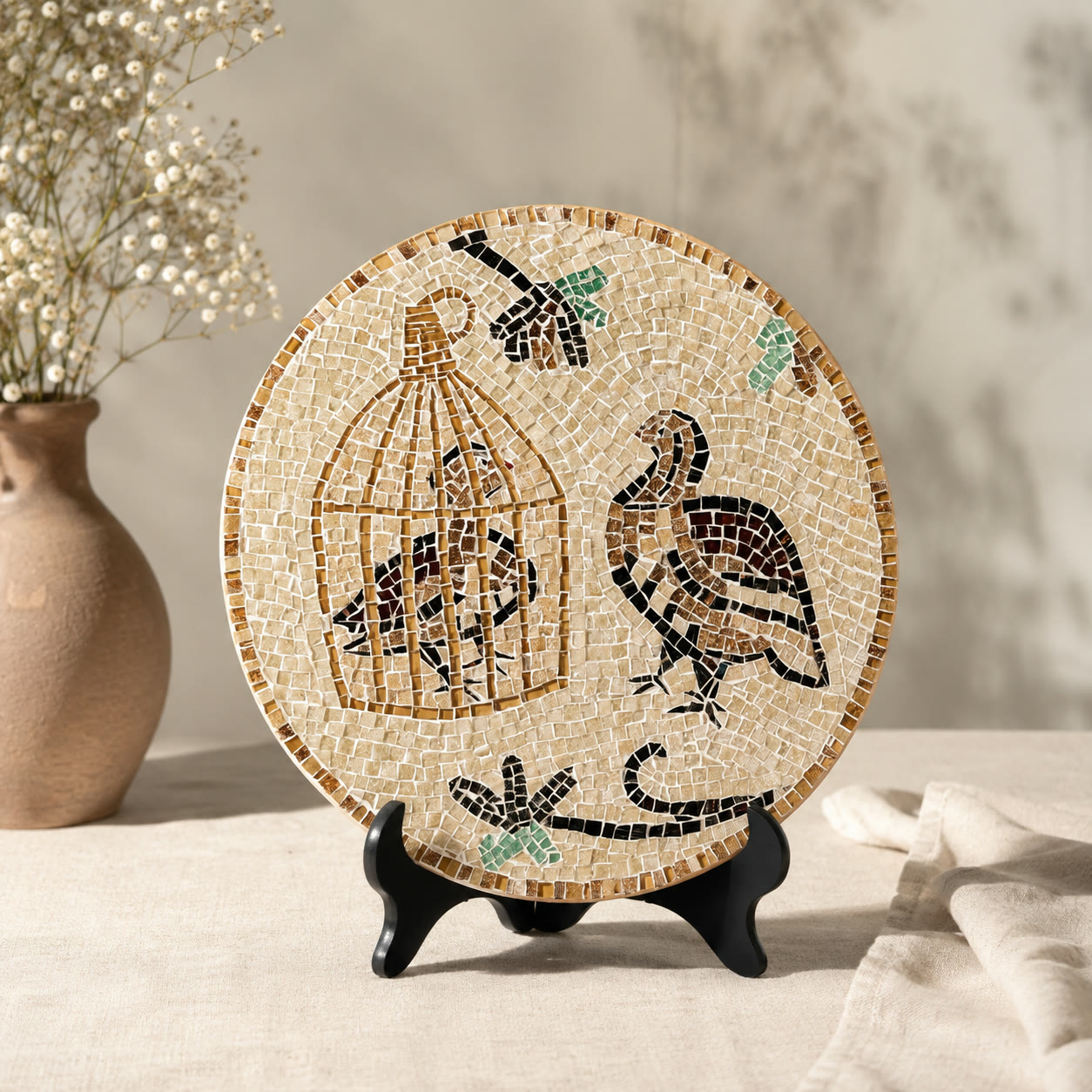 Round mosaic decorative plate with birdcage and bird motif on a display stand — custom handmade work by POLINO